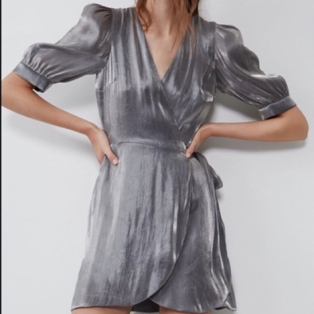 Zara Silver Metallic Wrap Dress L